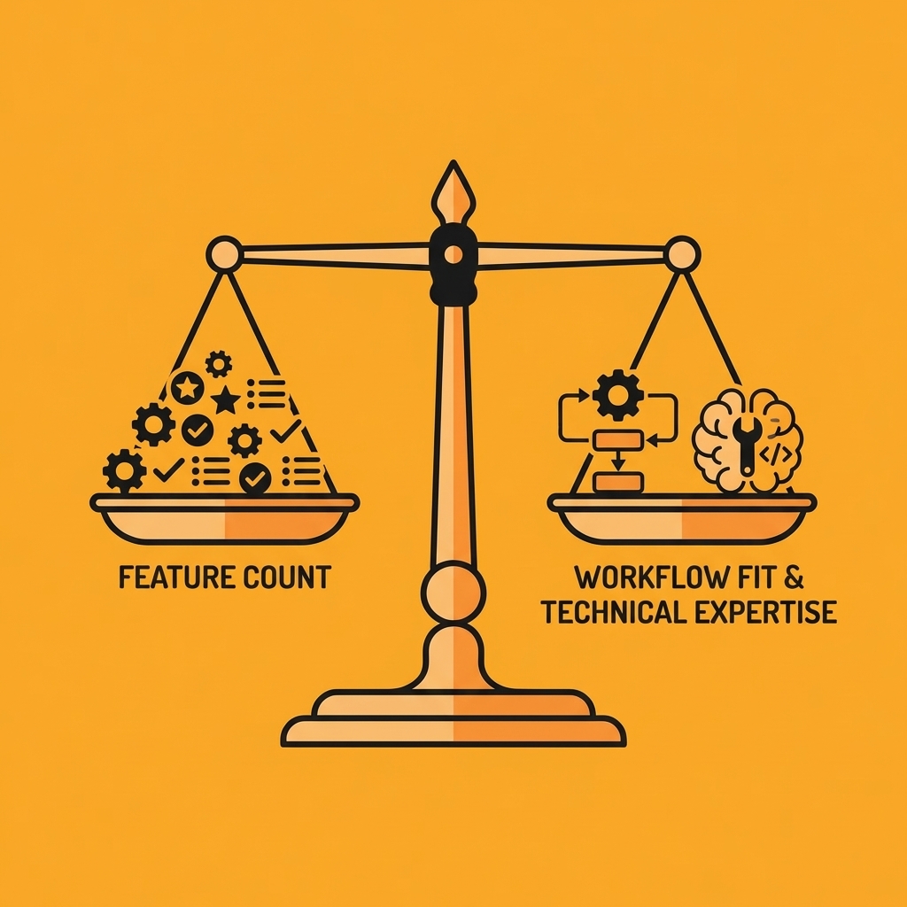 Balance scale comparing feature count on one side with workflow fit and technical expertise on the other